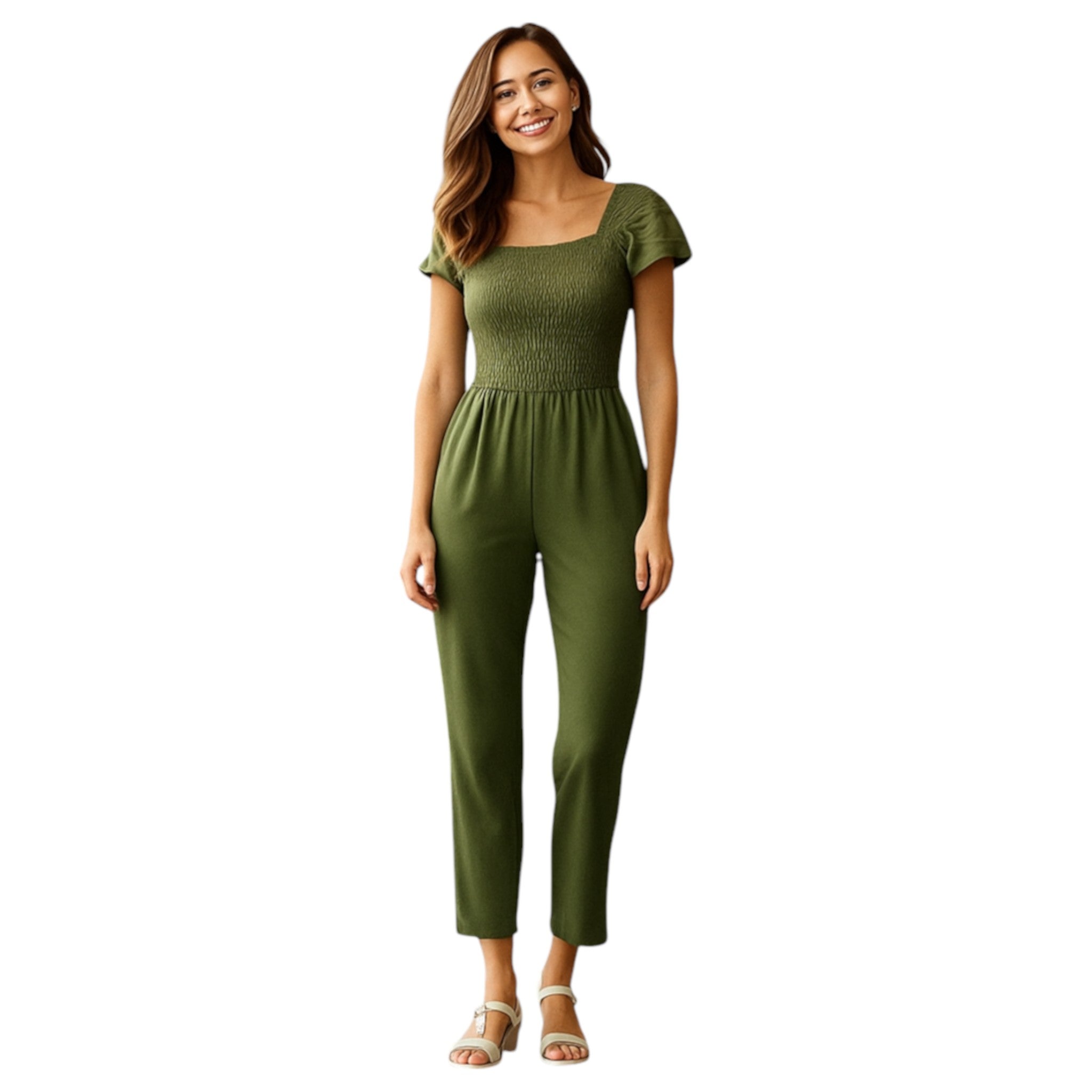 Khaki Green women's shirred jumpsuit with puff sleeves and wide-leg cropped